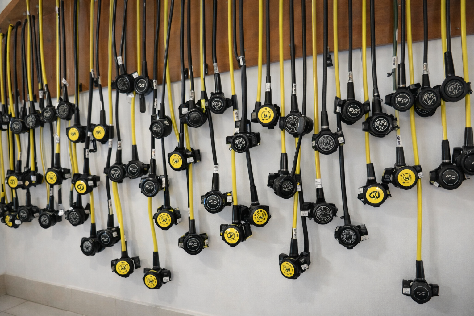Wall of scuba regulators with barcode tags